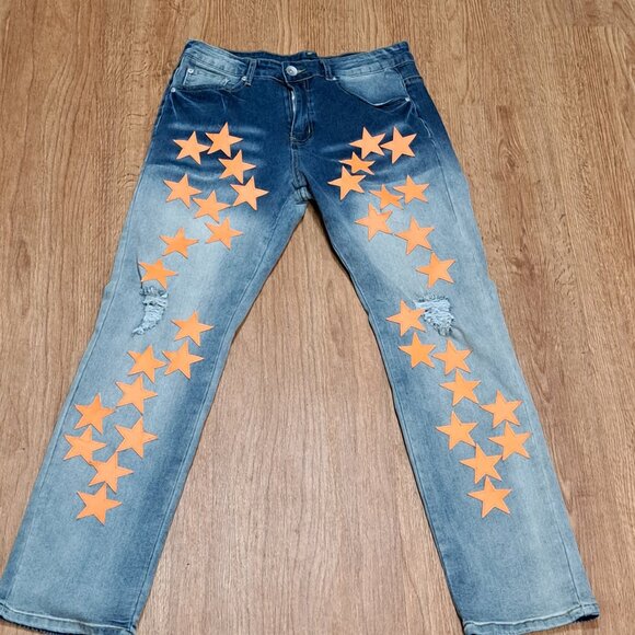 DD2 Faux Leather Orange Applique Star Distressed Denim Men's Size 30 - Picture 4 of 10